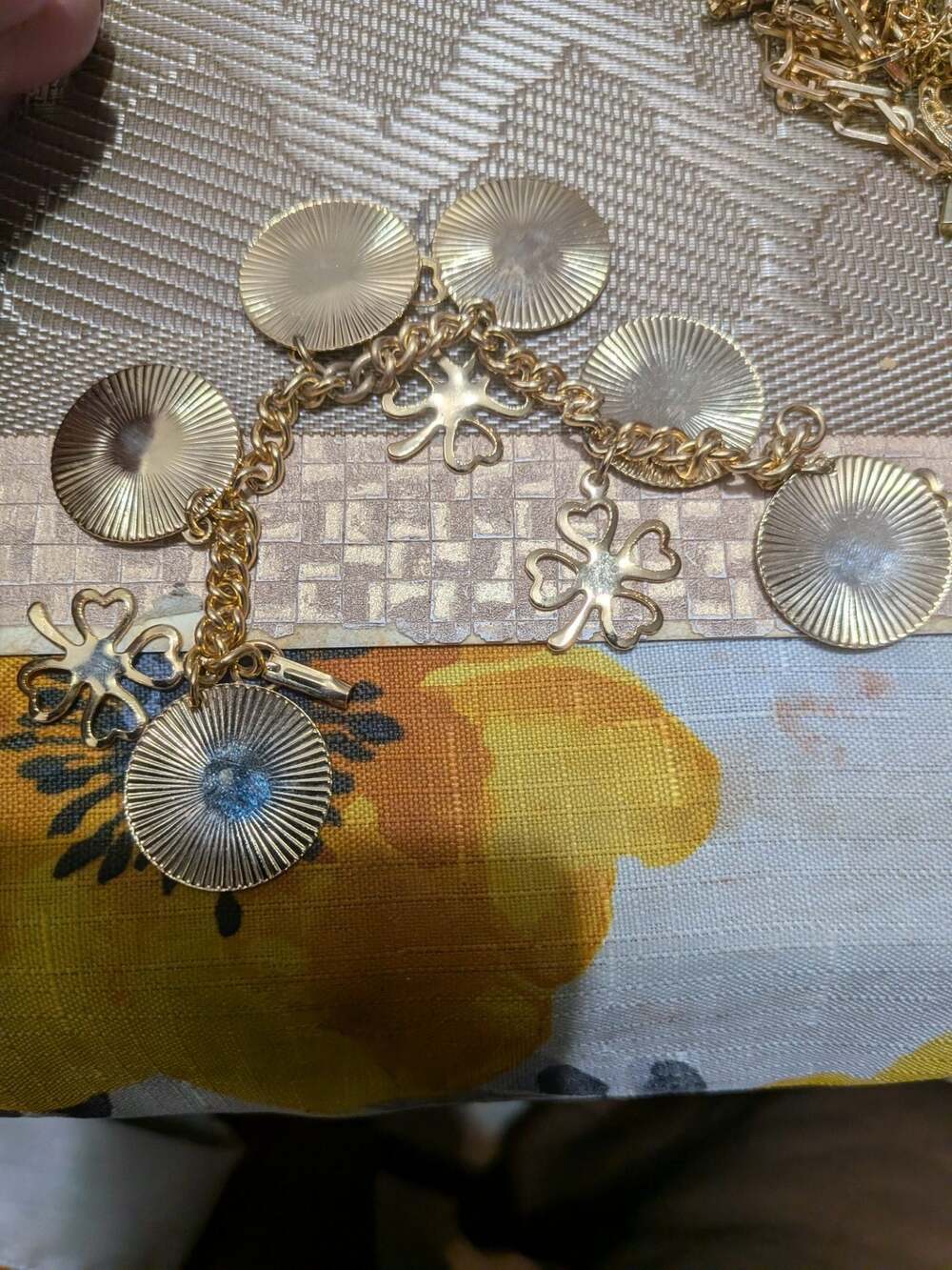 Vintage Gold Tone Charm Bracelet with Sunburst Discs and Clover Charms